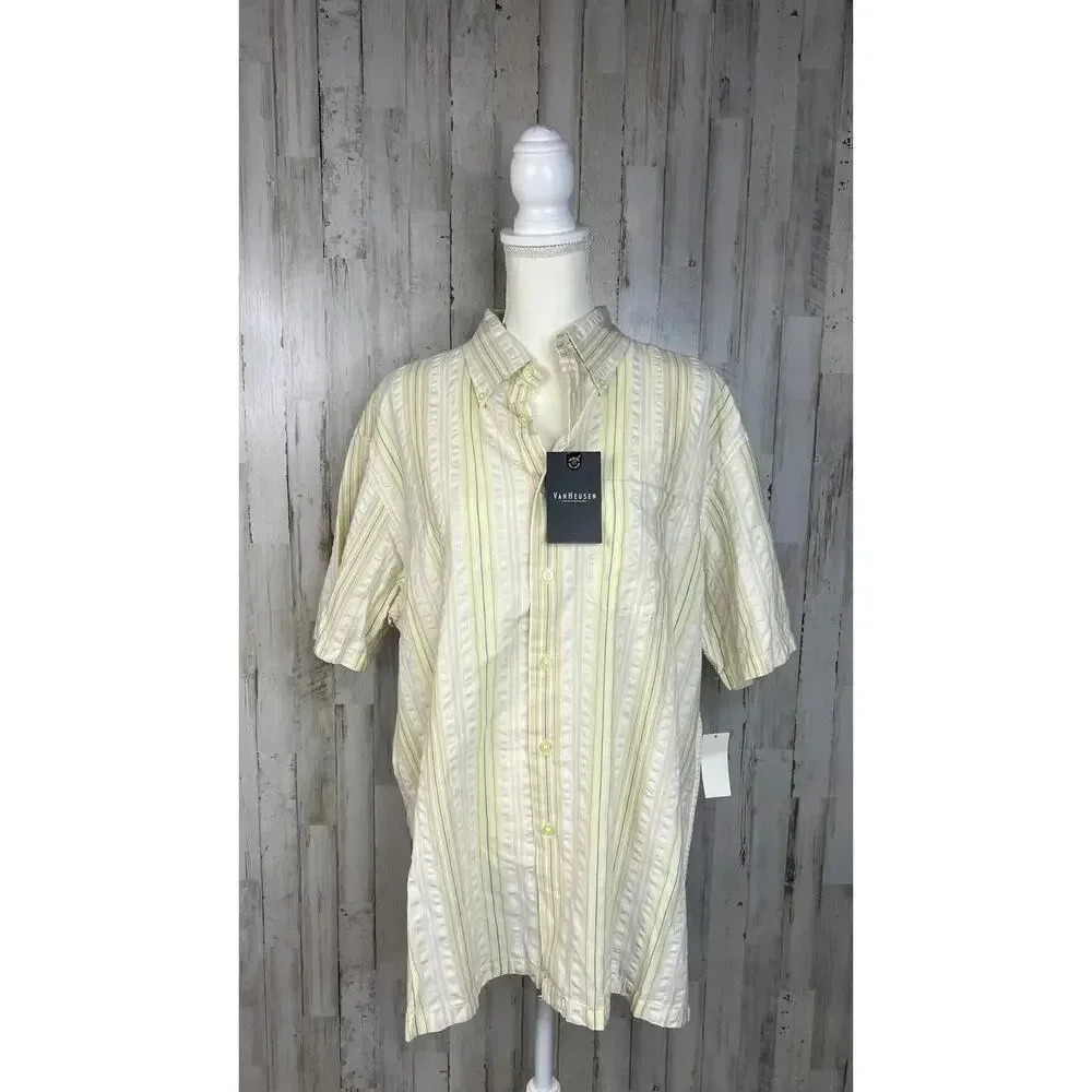 NWT Vintage Van Heusen Men's Large Yellow Striped Short Sleeve Button-Up Shirt - Picture 1 of 6